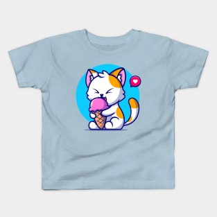 Cute Cat Eating Ice Cream Cone Cartoon Kids T-Shirt